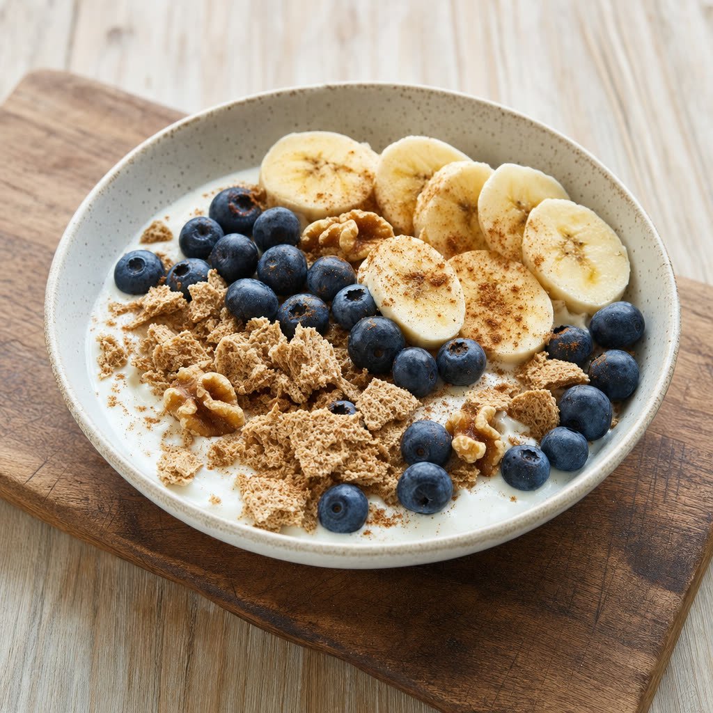 Bol de yogur griego ligero con cereales, fruta y frutos secos
