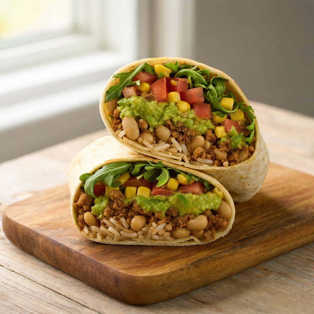 Burrito con alubias, soja texturizada y arroz