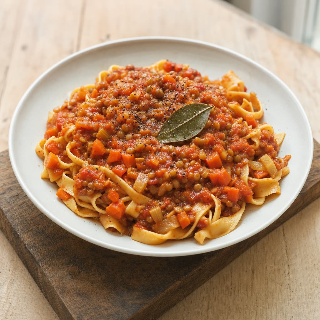 Pasta con boloñesa de lentejas
