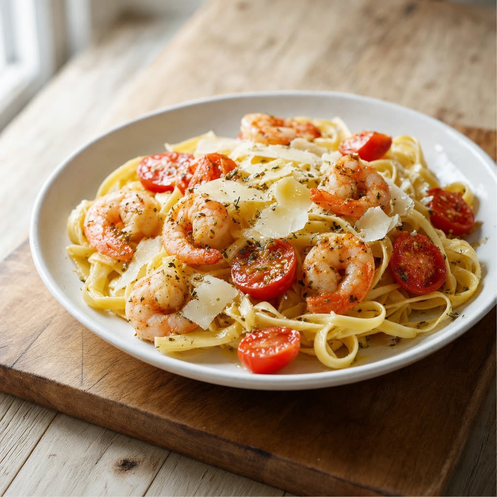 Pasta con gambas, tomates cherry y parmesano