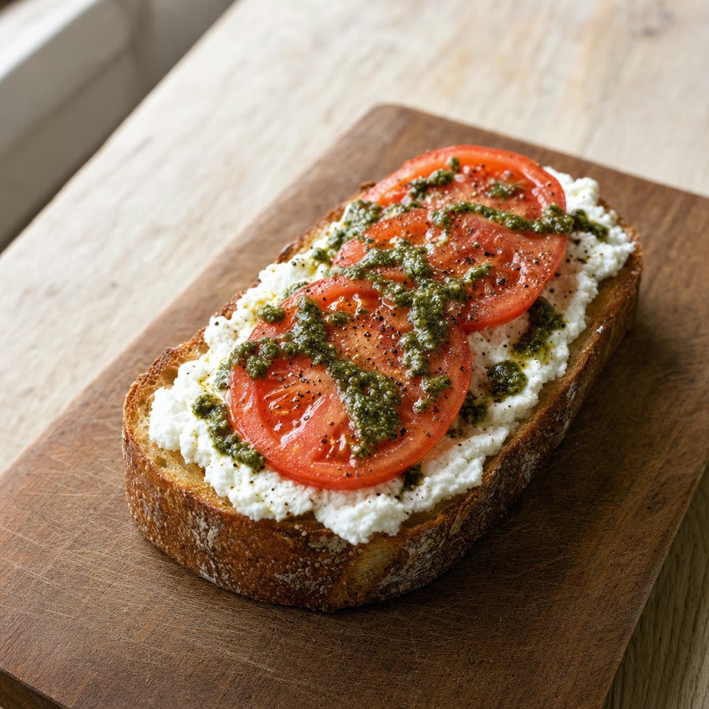 Tostada de requesón 0%, tomate y pesto