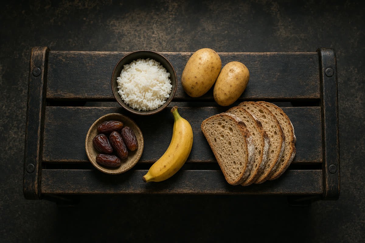 Arroz, patatas, pan, plátano y dátiles, alimentos ricos en carbohidratos