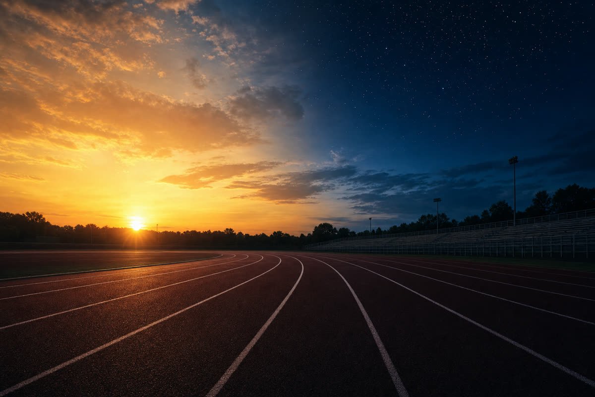 Pista de atletismo con el cielo partido entre el amanecer y la noche
