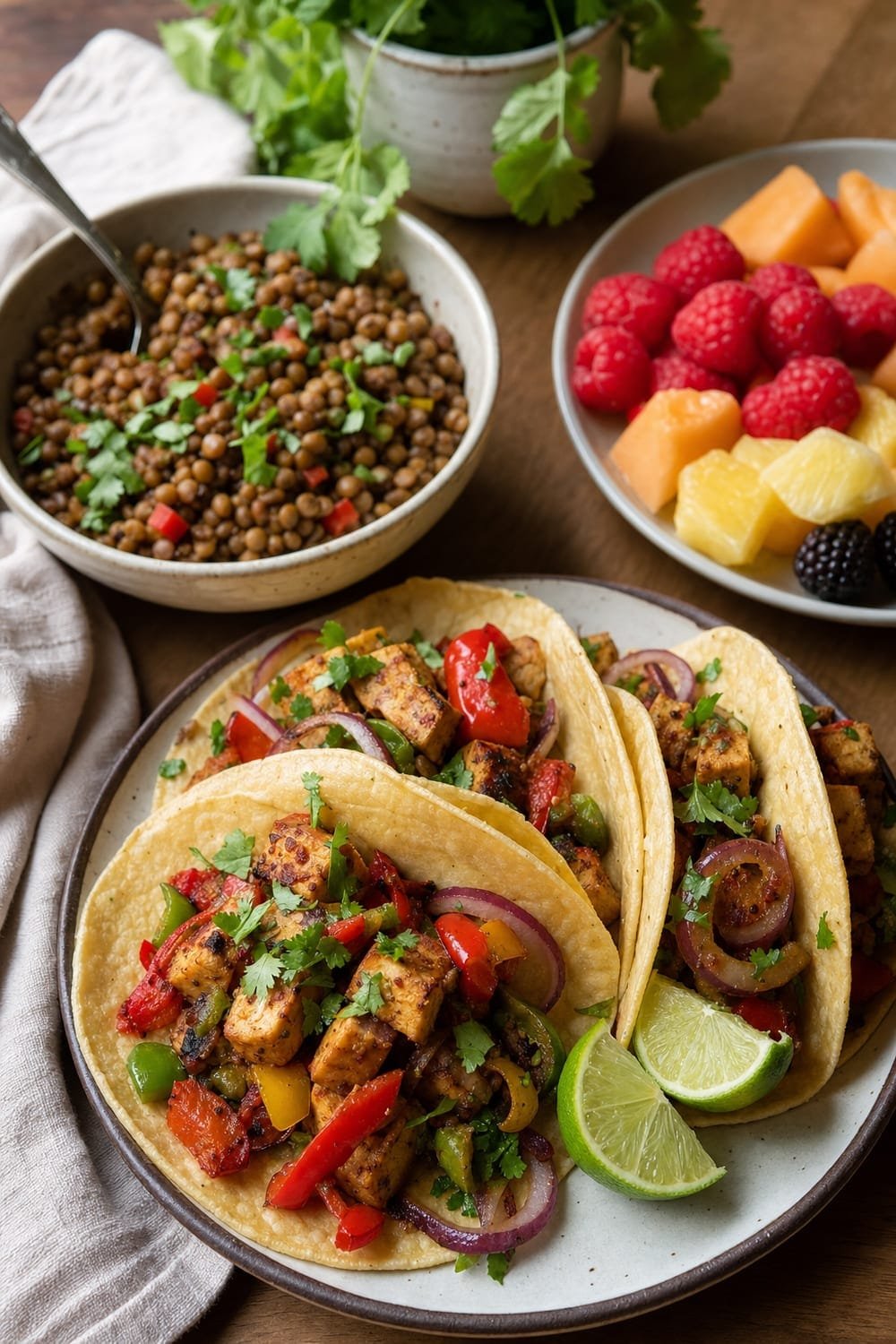 Comida flexible basada en plantas: tacos de tofu con verduras, lentejas y fruta